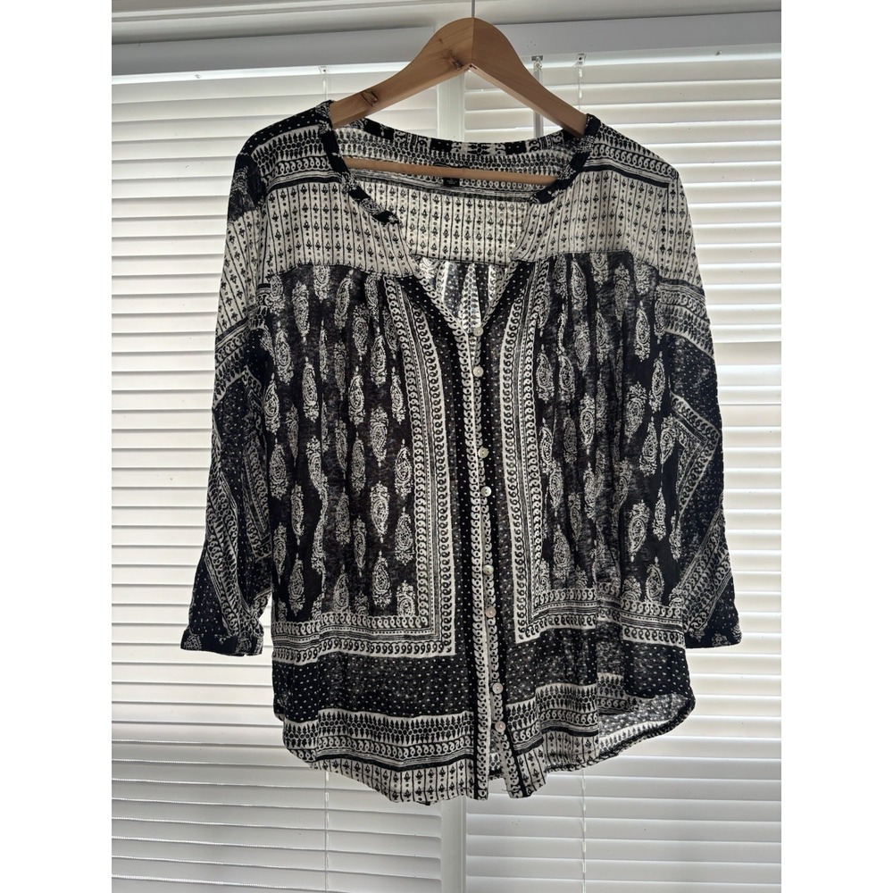 Lucky Brand Peasant Blouse Women's Large Black/White Boho L/SL Paisley Button Up